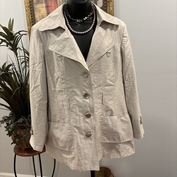 Click Collection Trench Coat Large Beige Pocket Missing Belt Collar Lapel Notch - Picture 2 of 11